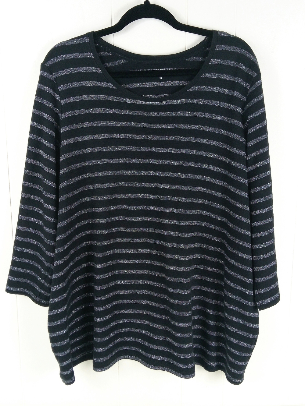 Laura Scott Women's Black and Silver Striped 3/4 Sleeve Top Size 2X Pullover